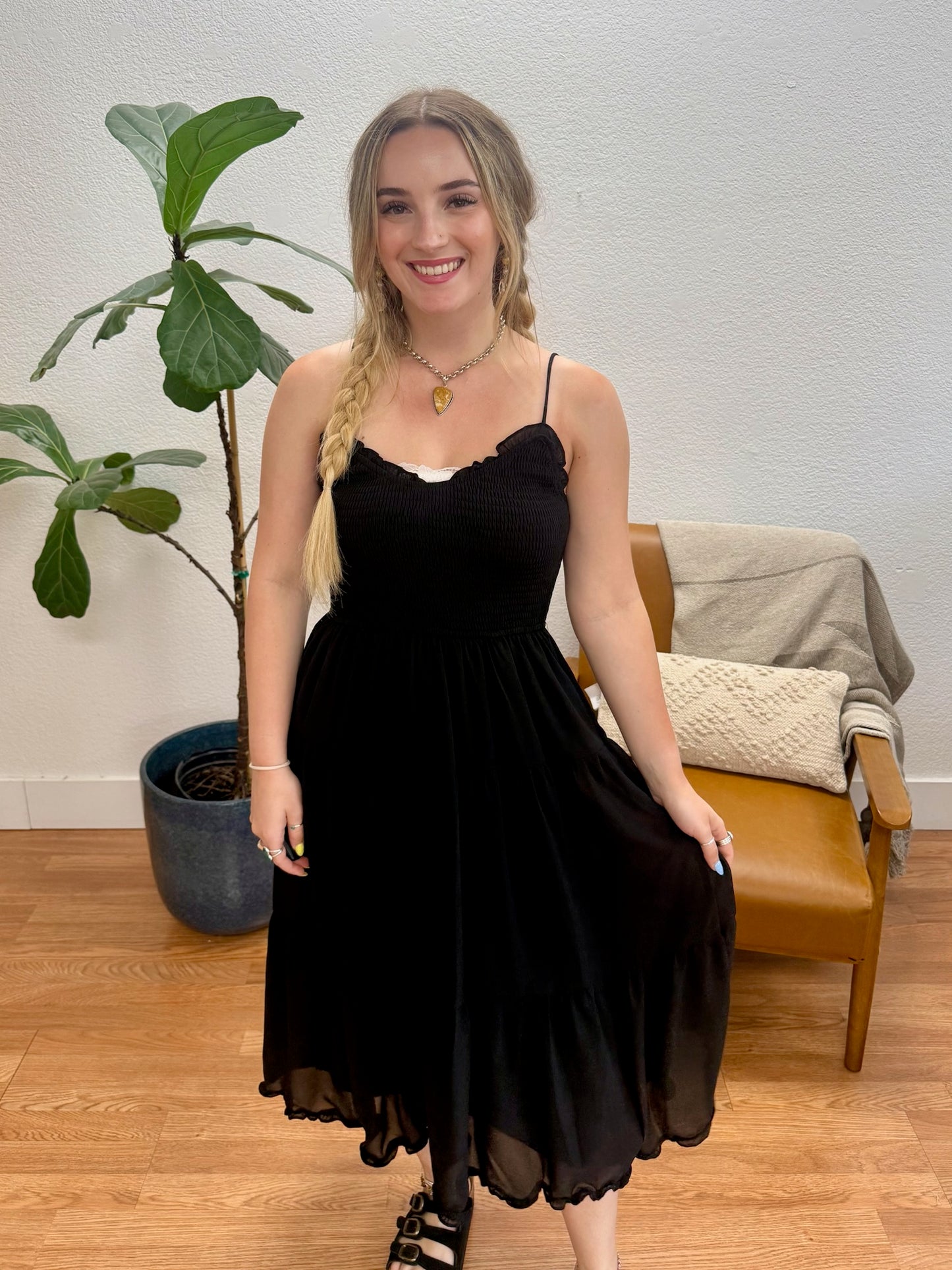 Black Chiffon Bodice Midi Dress