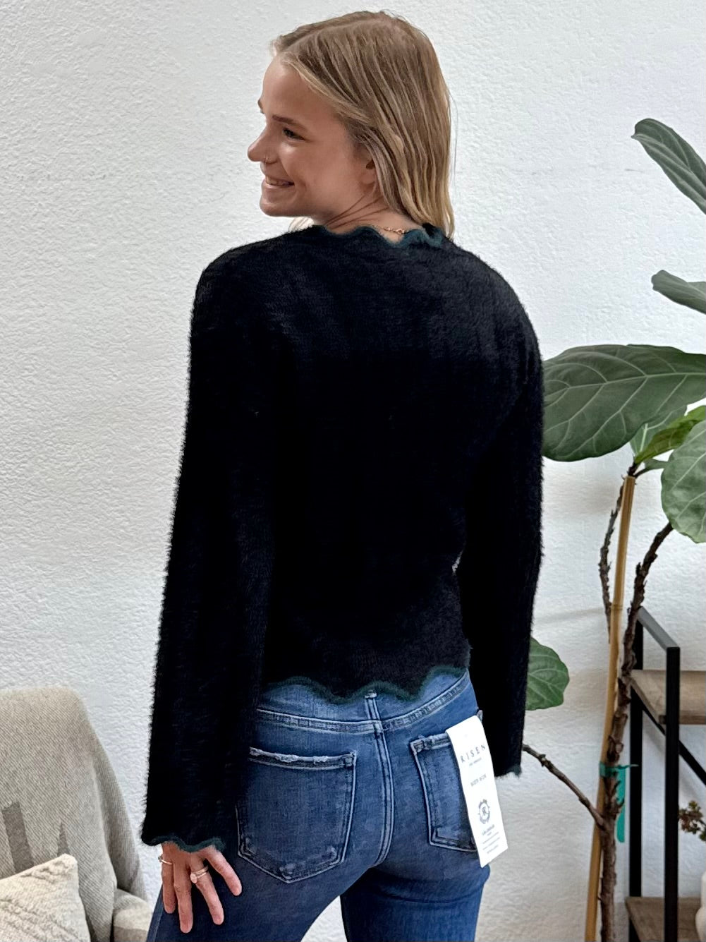 Black Scallop Edge Fuzzy Sweater