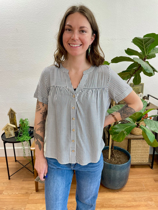 Navy Pintuck Striped Button Down