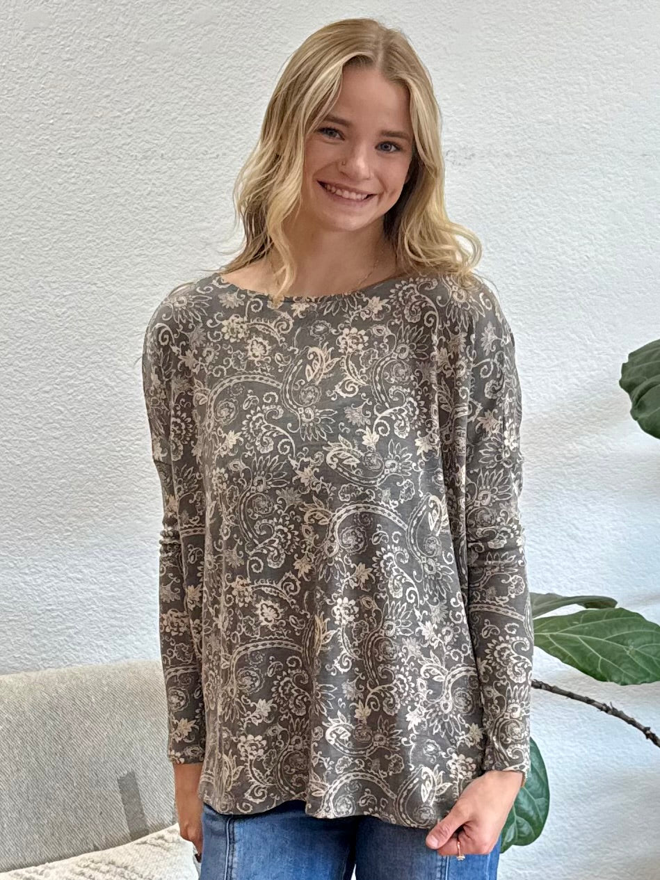 Charcoal Paisley Knit Top