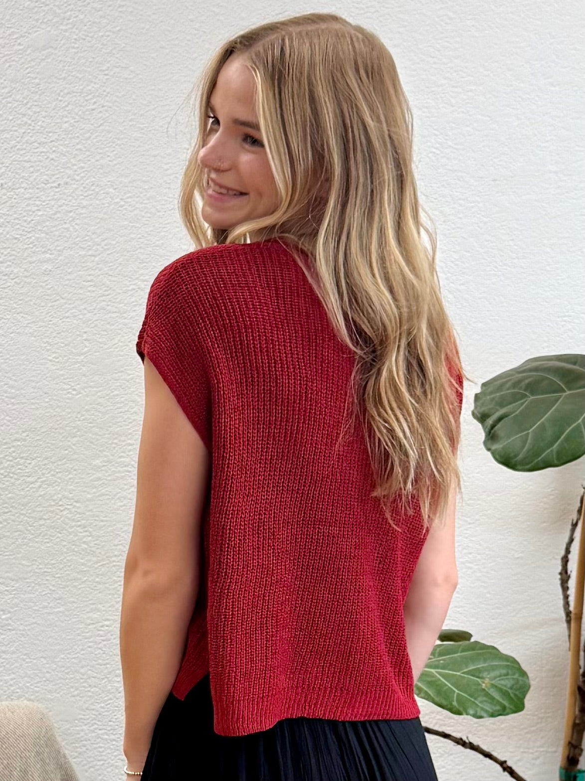 Red Split Neck Knit Pullover