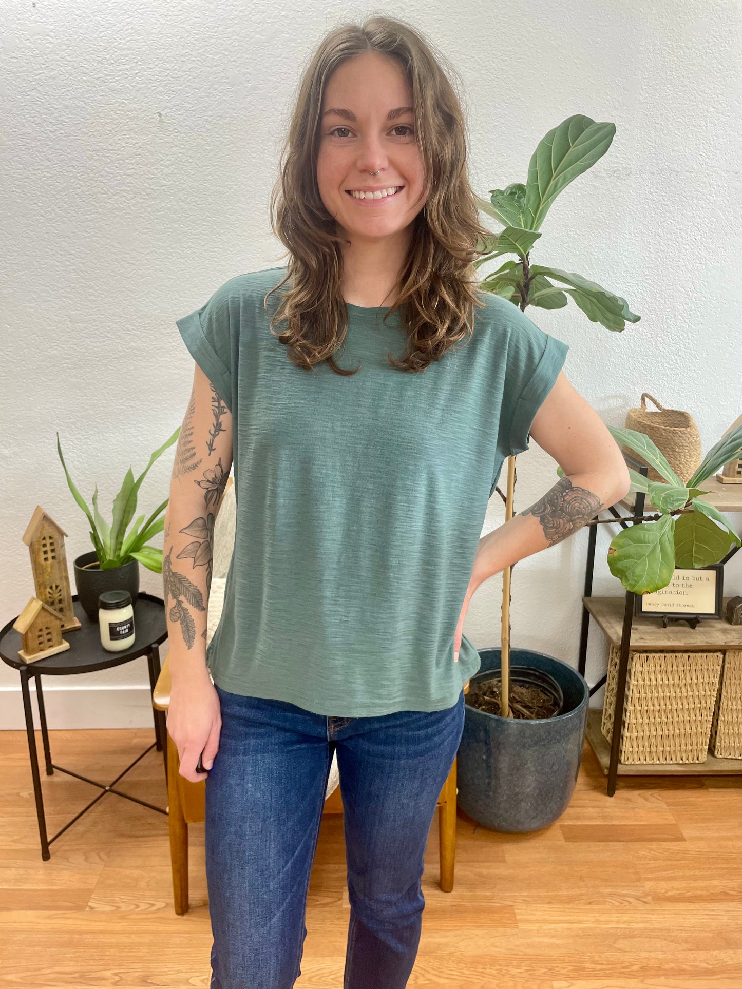 Jade Rolled Sleeve Slub Tee - Terra Cottage