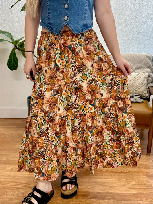 Taupe Boho Floral Tiered Skirt