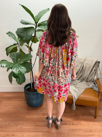 Rose Pink Floral Pleated Dress