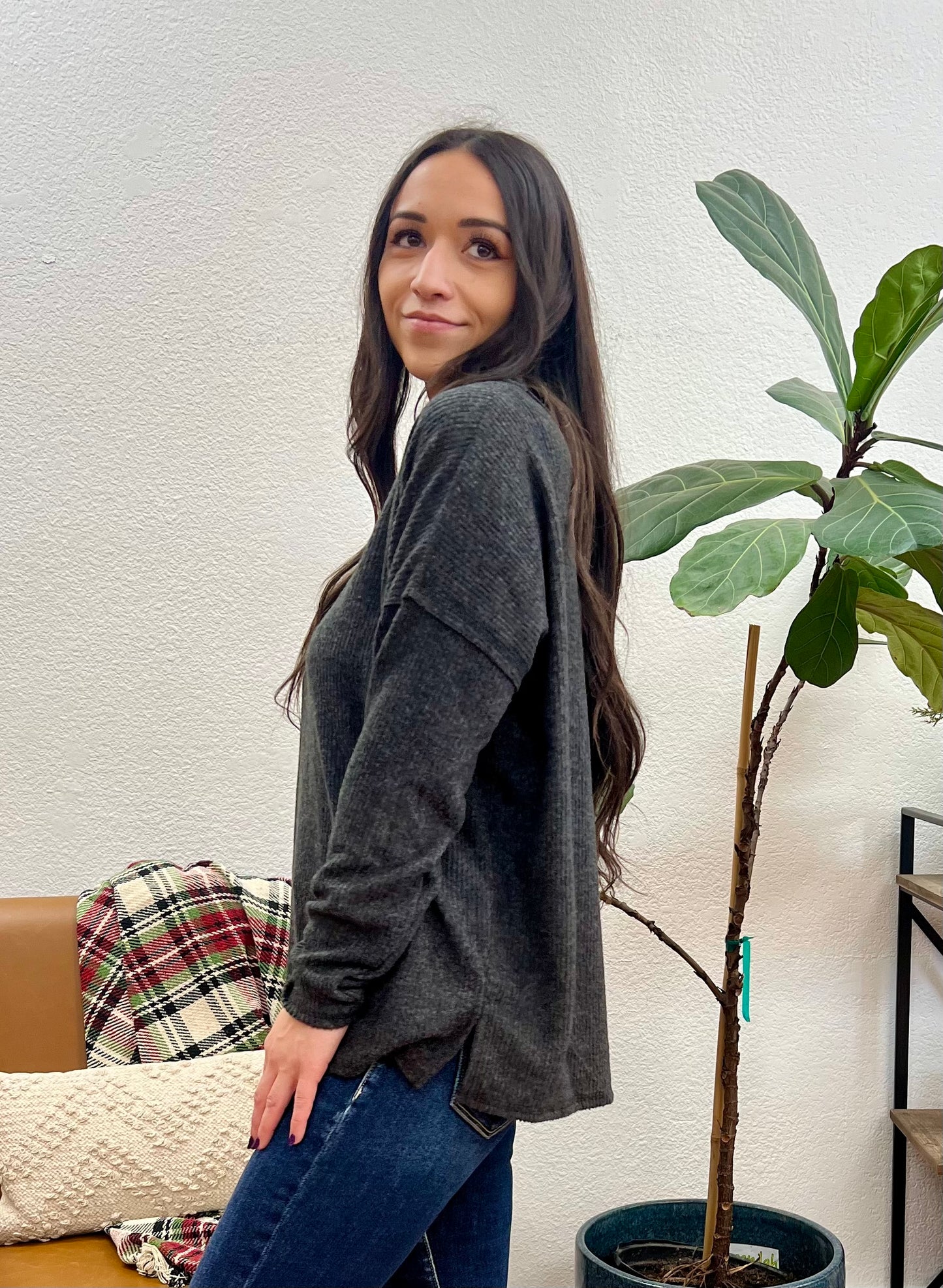 Black V Neck Drop Shoulder Top