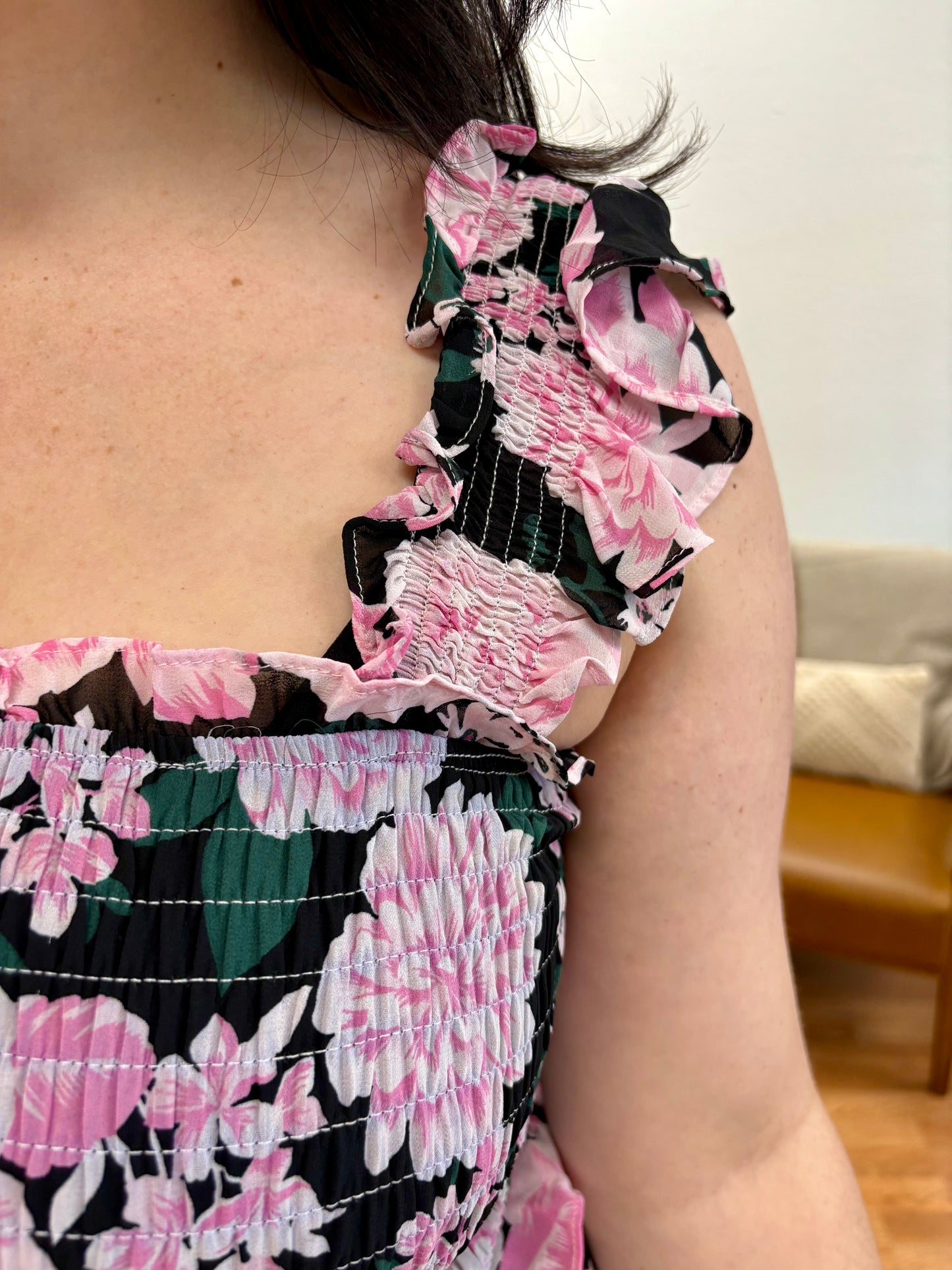 Black Pink Floral Smock Top