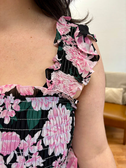 Black Pink Floral Smock Top