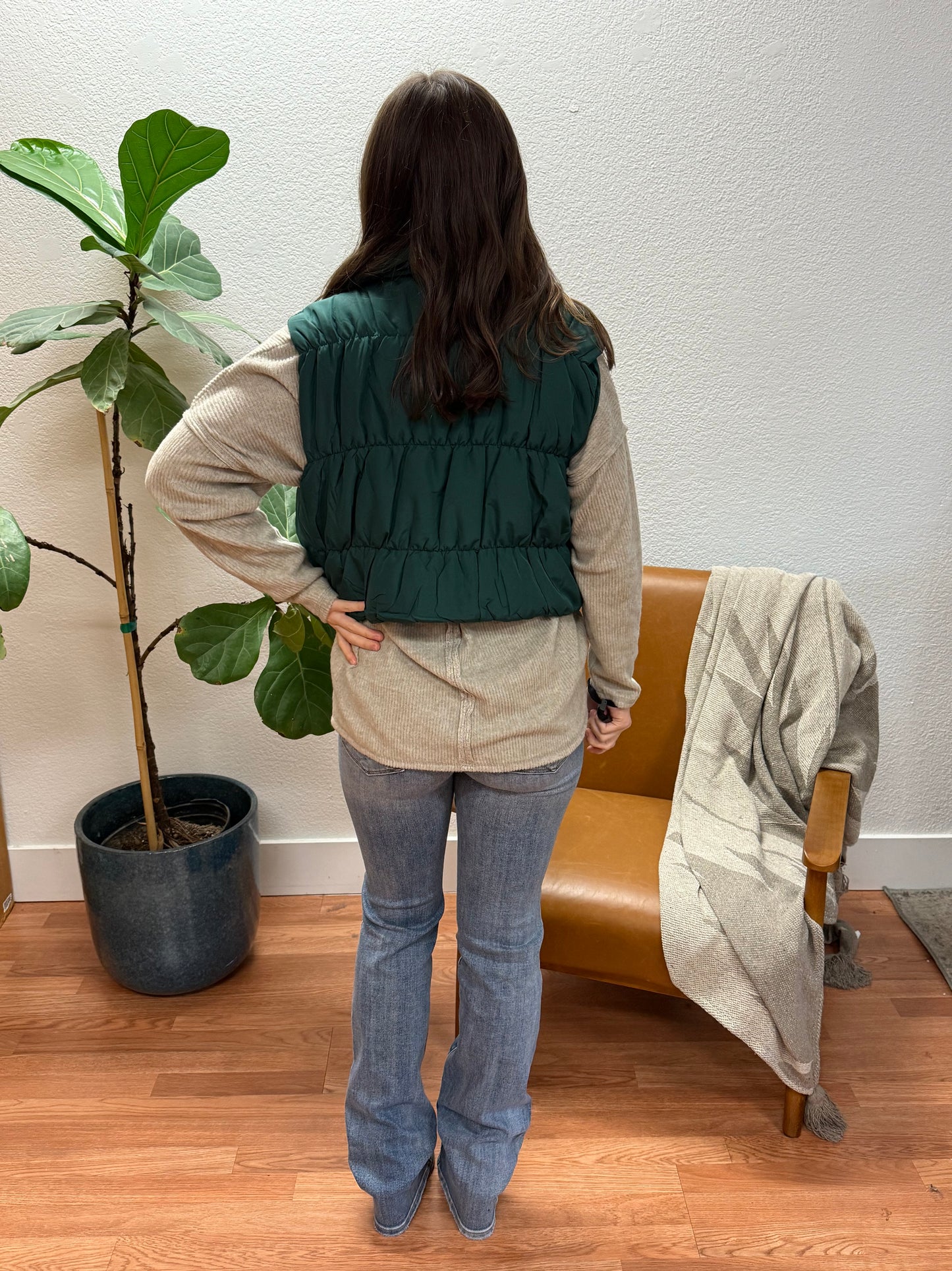 Hunter Green Cropped Zip Cargo Puffer Vest