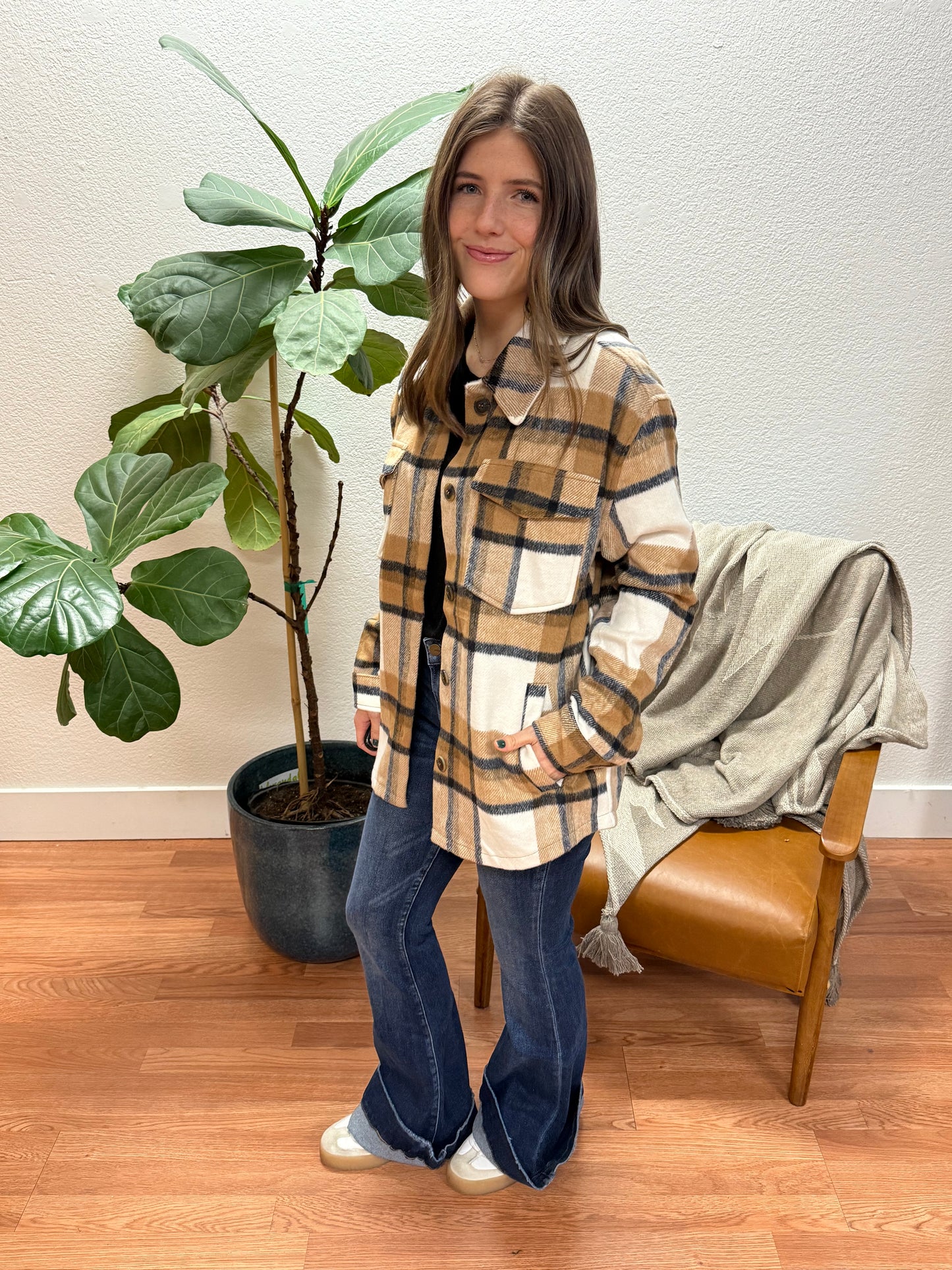 Camel Plaid Button Shacket