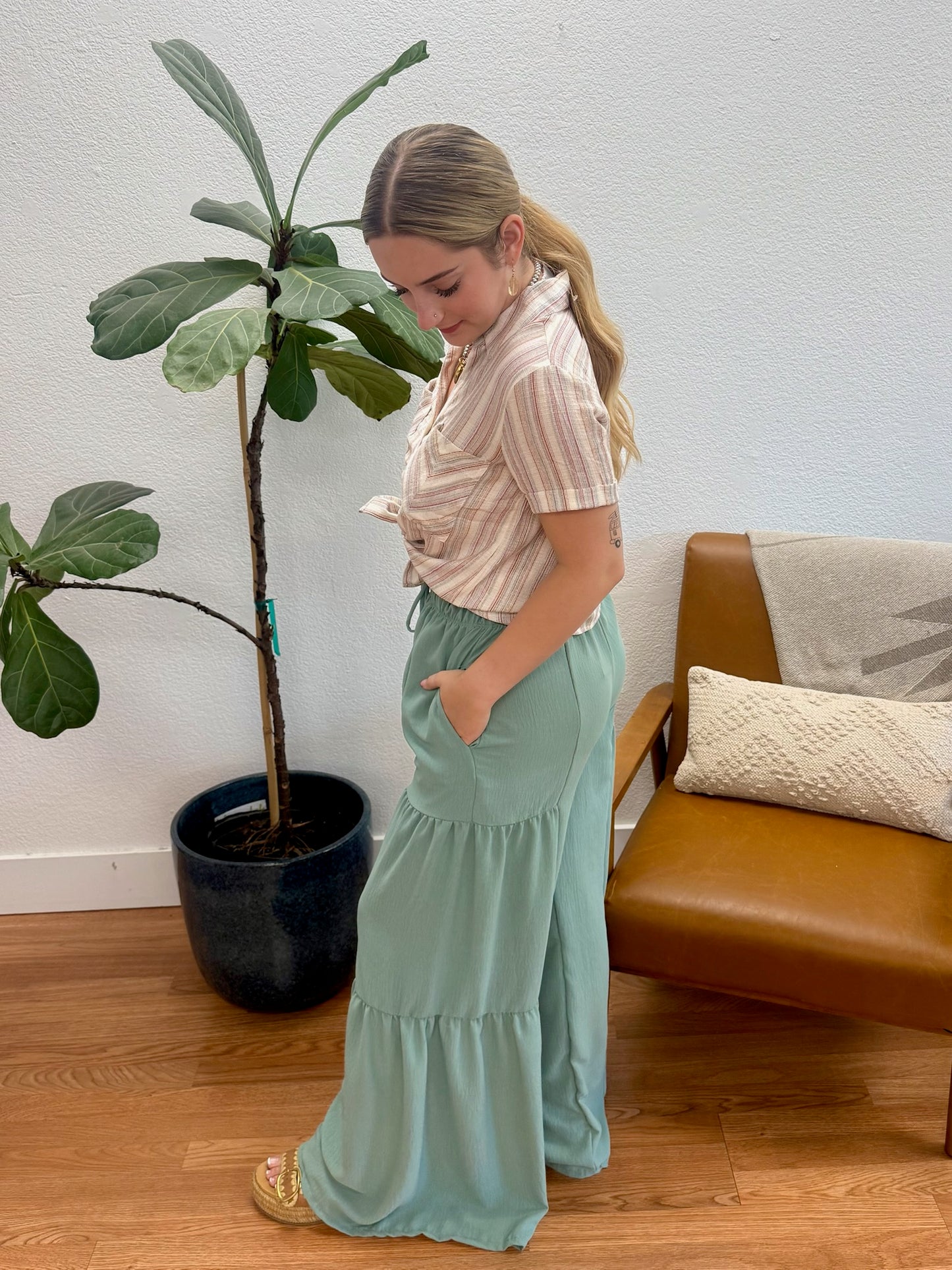 Dusty Sage Over Solid Wide Leg Pants