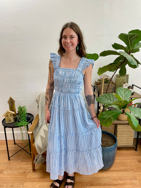 Blue Gingham Smocked Tiered Maxi Dress