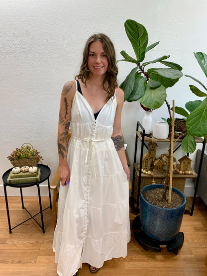 White V Neck Button Front Tiered Maxi Dress