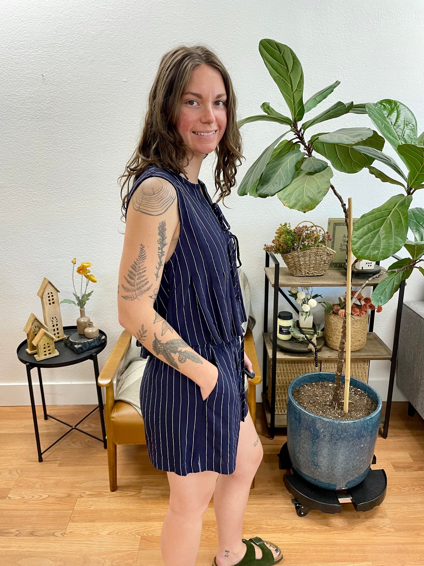 Navy Linen Striped Shorts