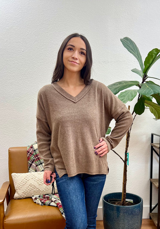 Mocha V Neck Drop Shoulder Top