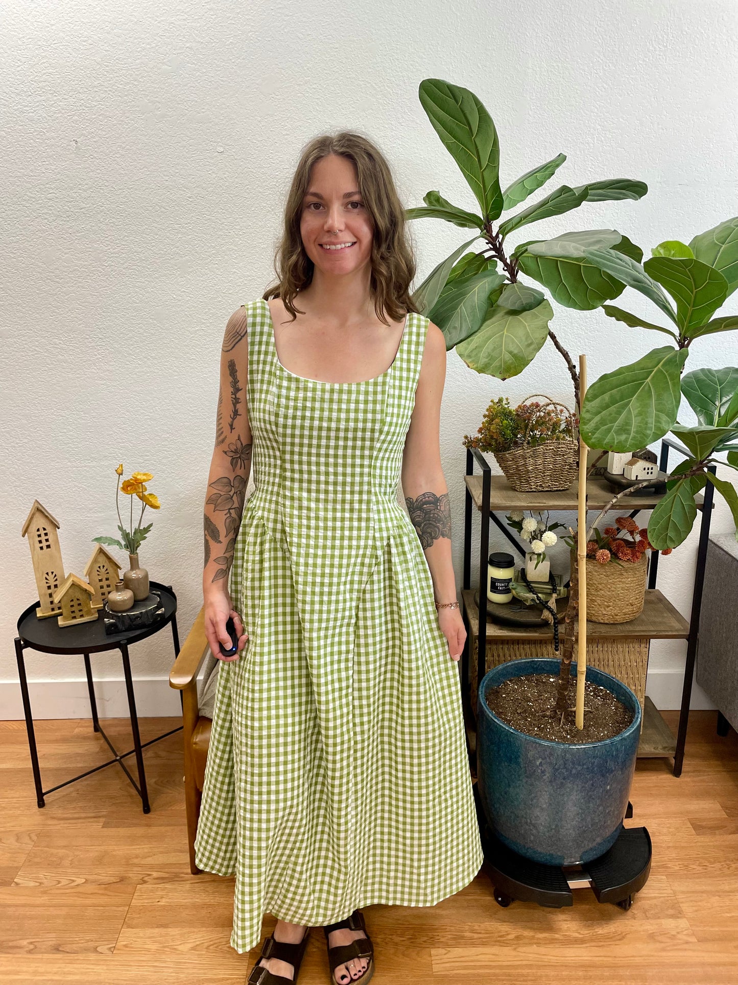 Green Plaid Basque Waist Midi Dress