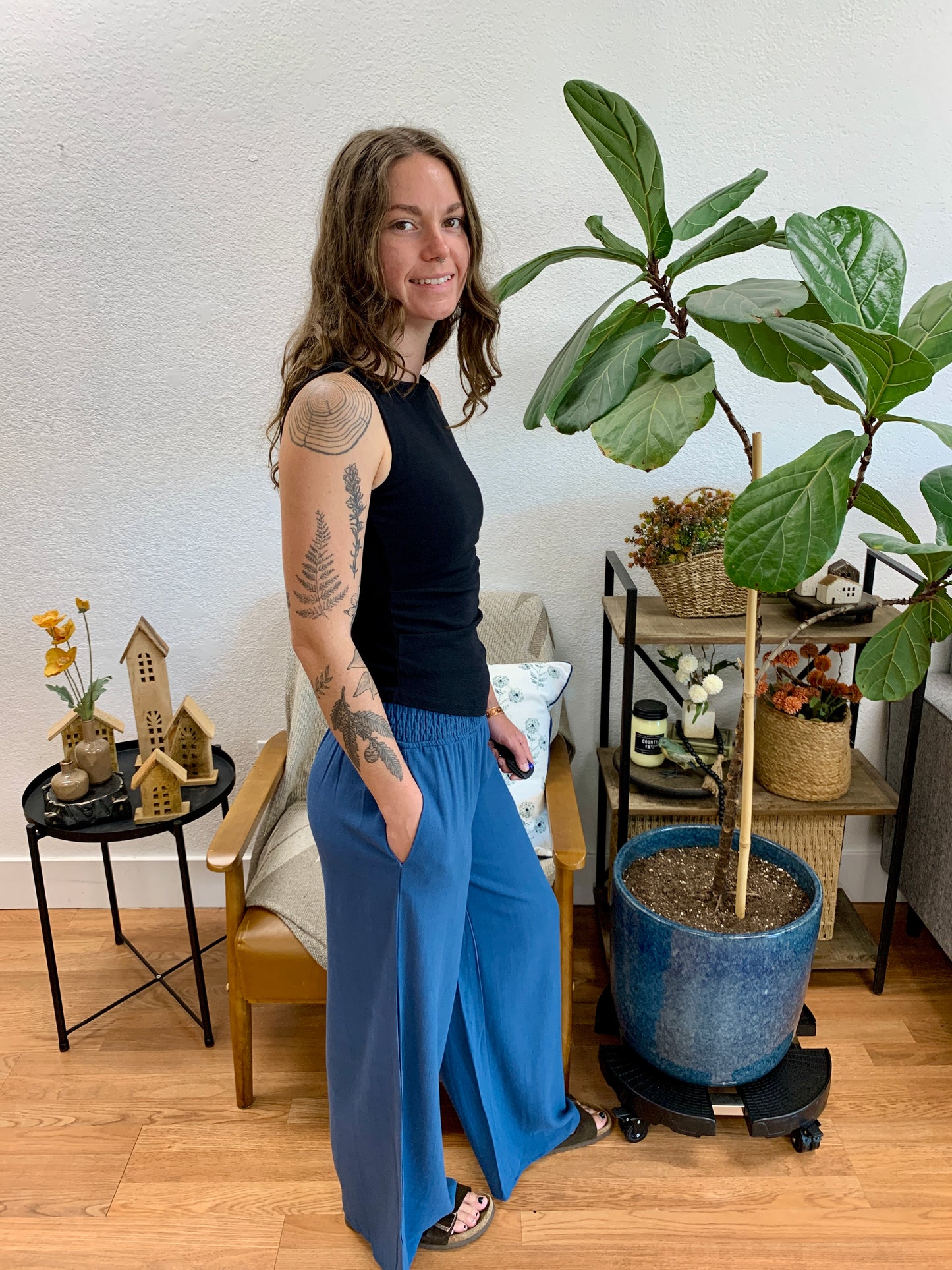 Slate Smocked Waist Pants With Pockets
