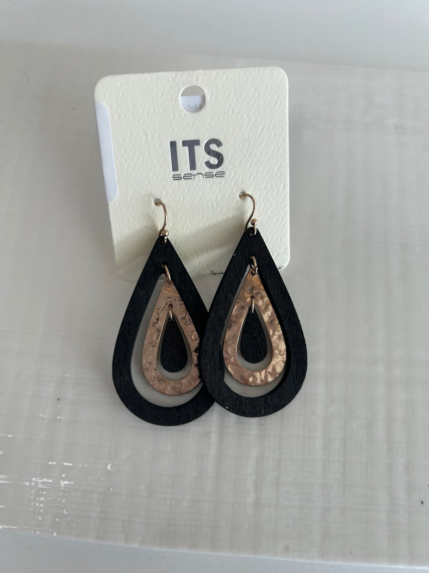 Layered Wood & Metallic Tear Drop Earrings