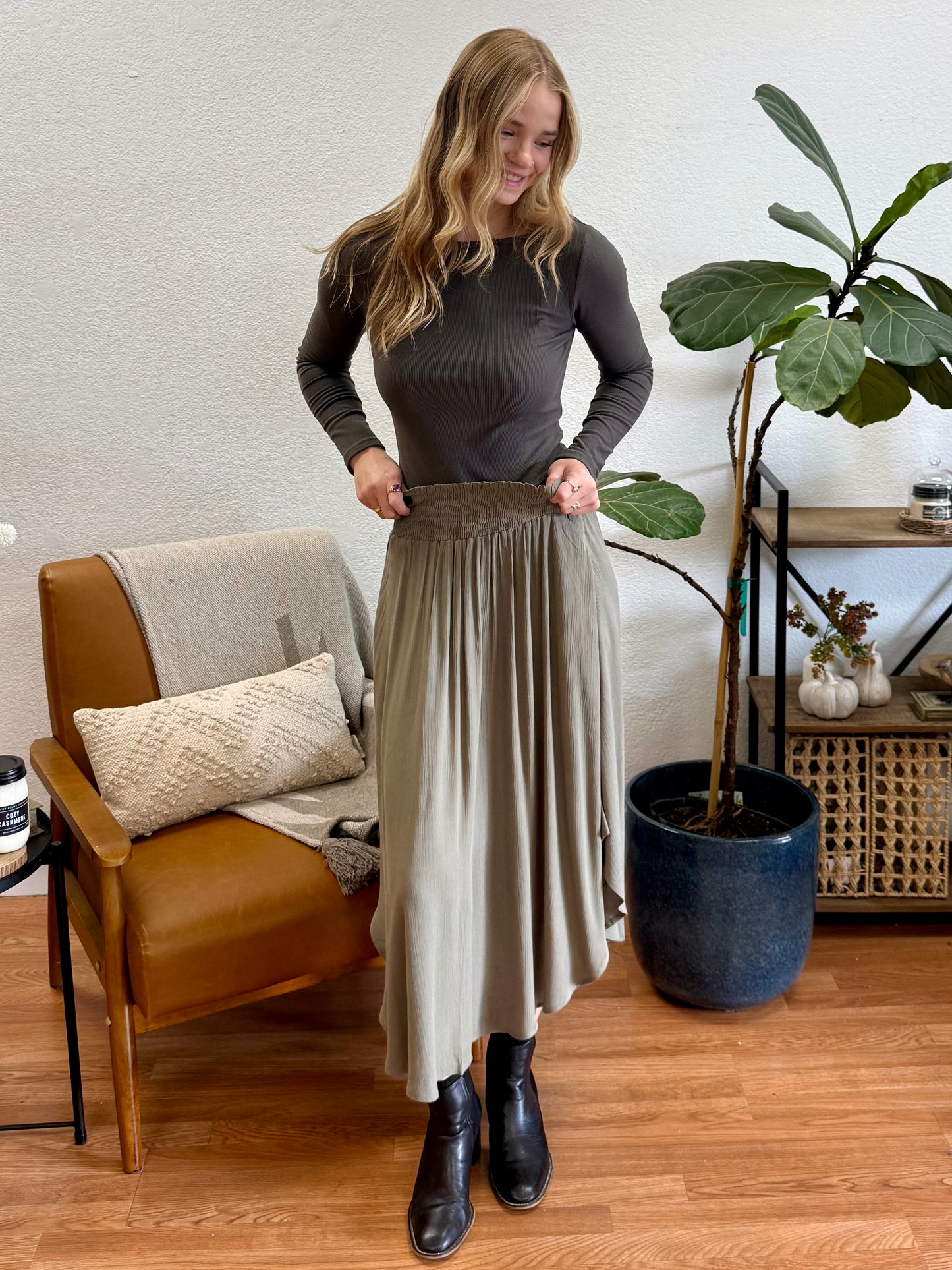 Olive Smocked Waist Flowy Skirt