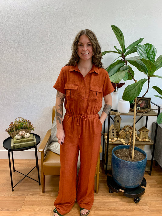 Rust Button Down Jumpsuit