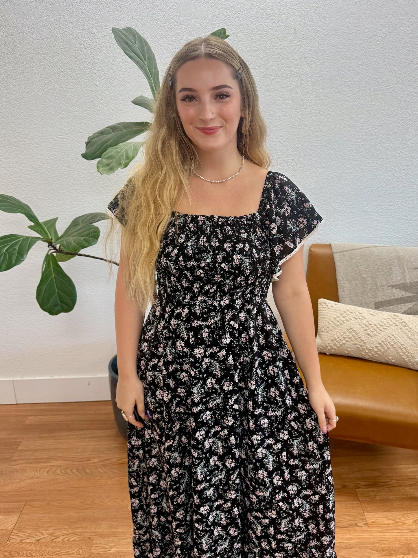 Black Romantic Smocked Maxi Dress