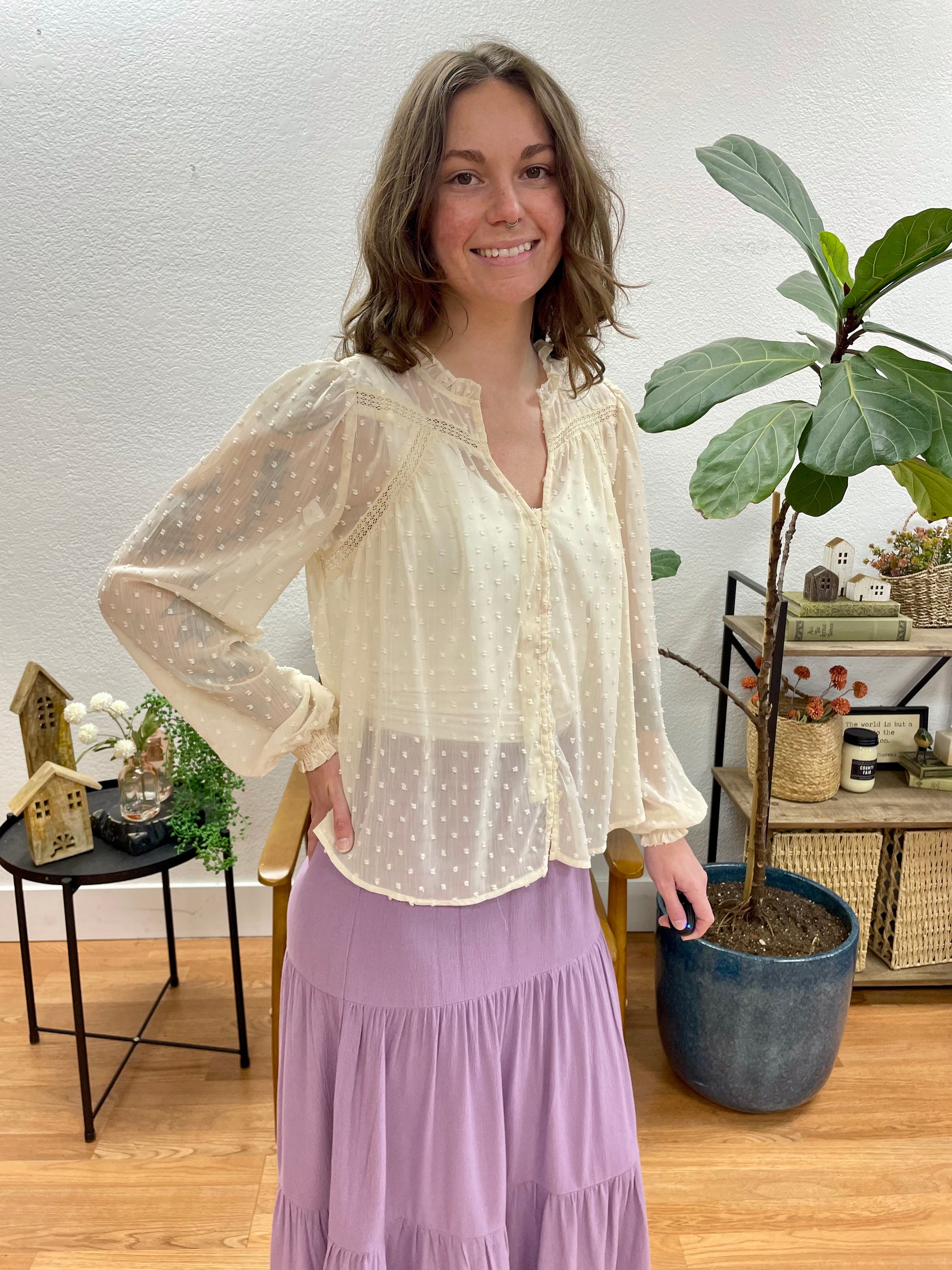 Ivory Button Front Swiss Dot Blouse - Terra Cottage