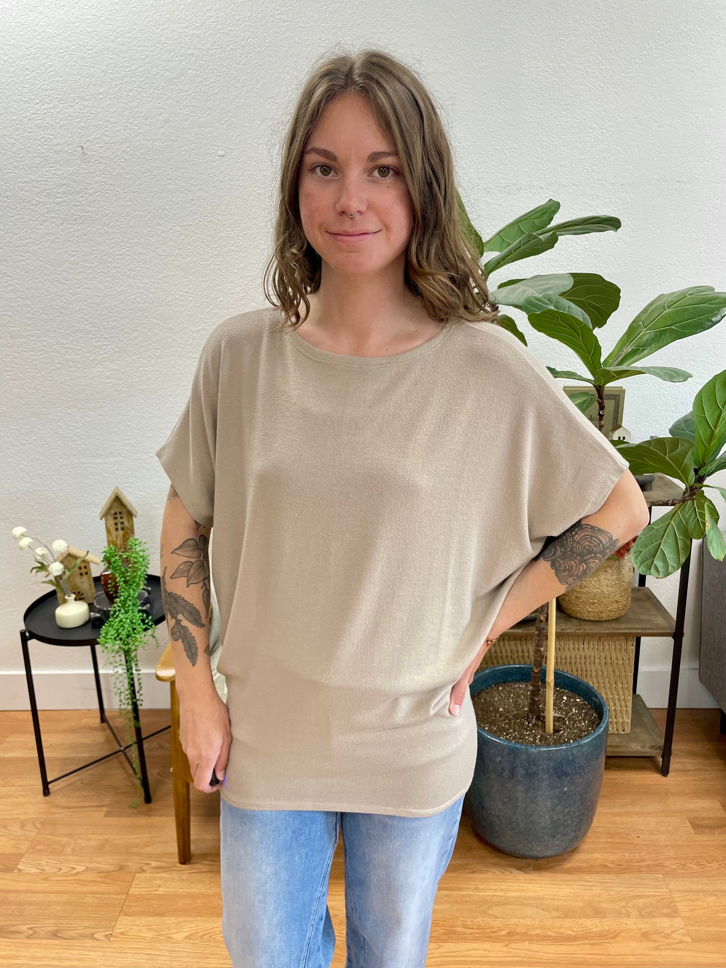 Mocha Dolman Sleeve Boat Neck Top