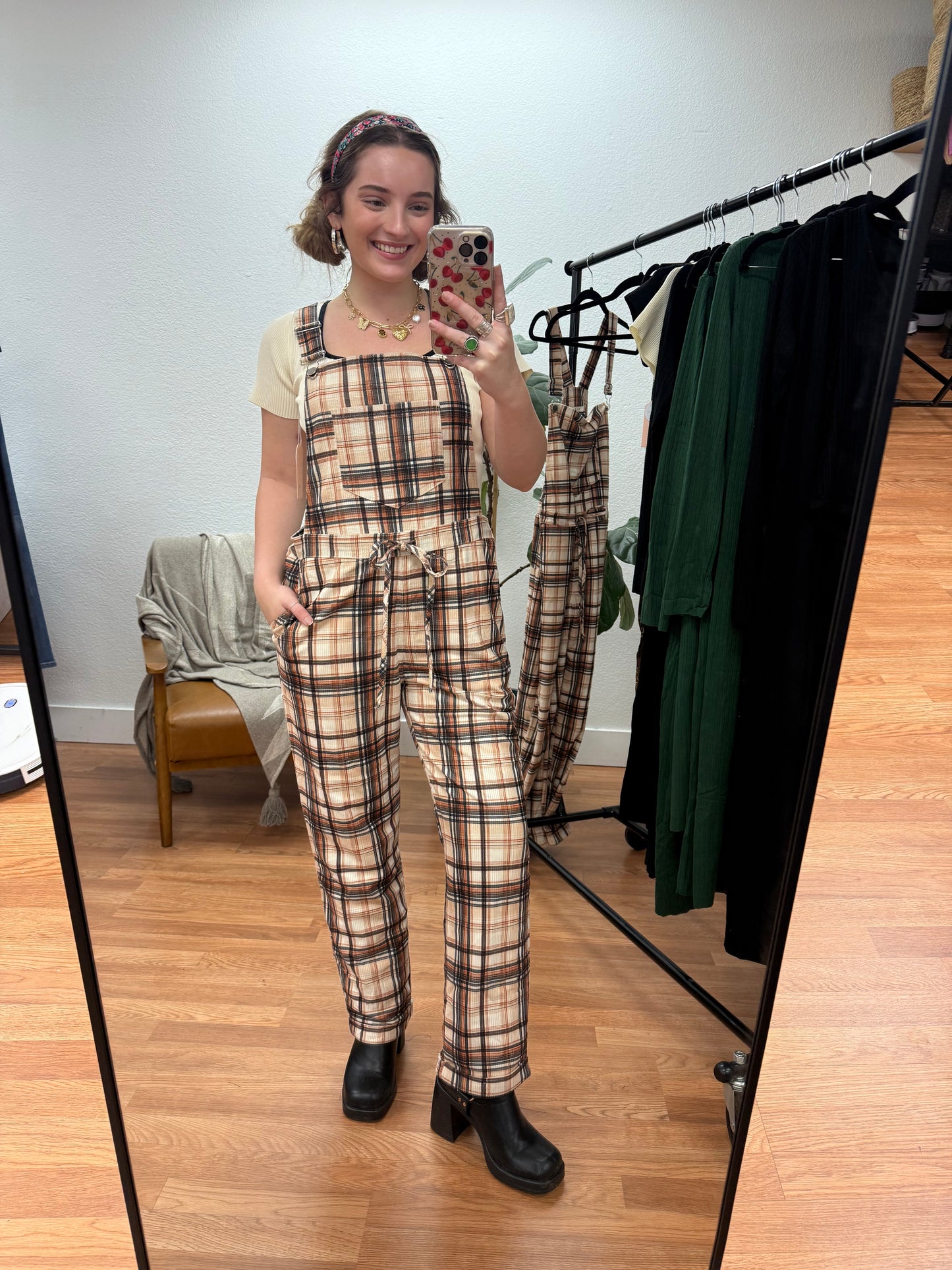 Mocha Plaid Suspender Overalls