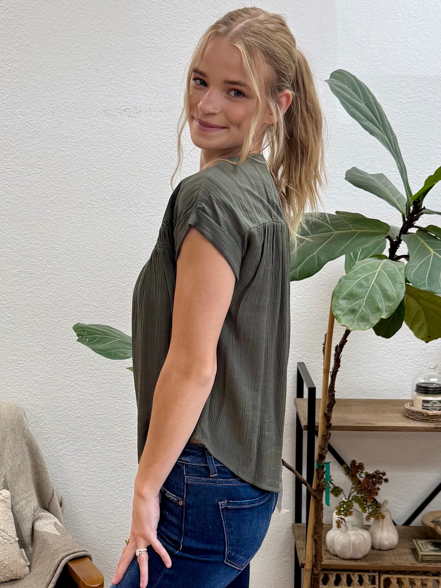 Olive Eyelet Trim Top