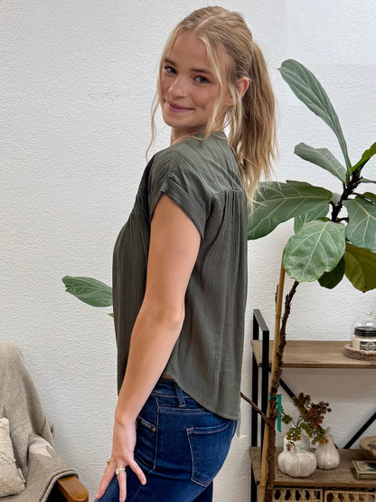 Olive Eyelet Trim Top