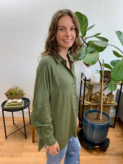 Olive Linen Blend Raglan Button Up