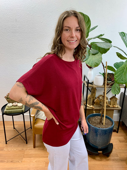 Burgundy Dolman Sleeve Boat Neck Top