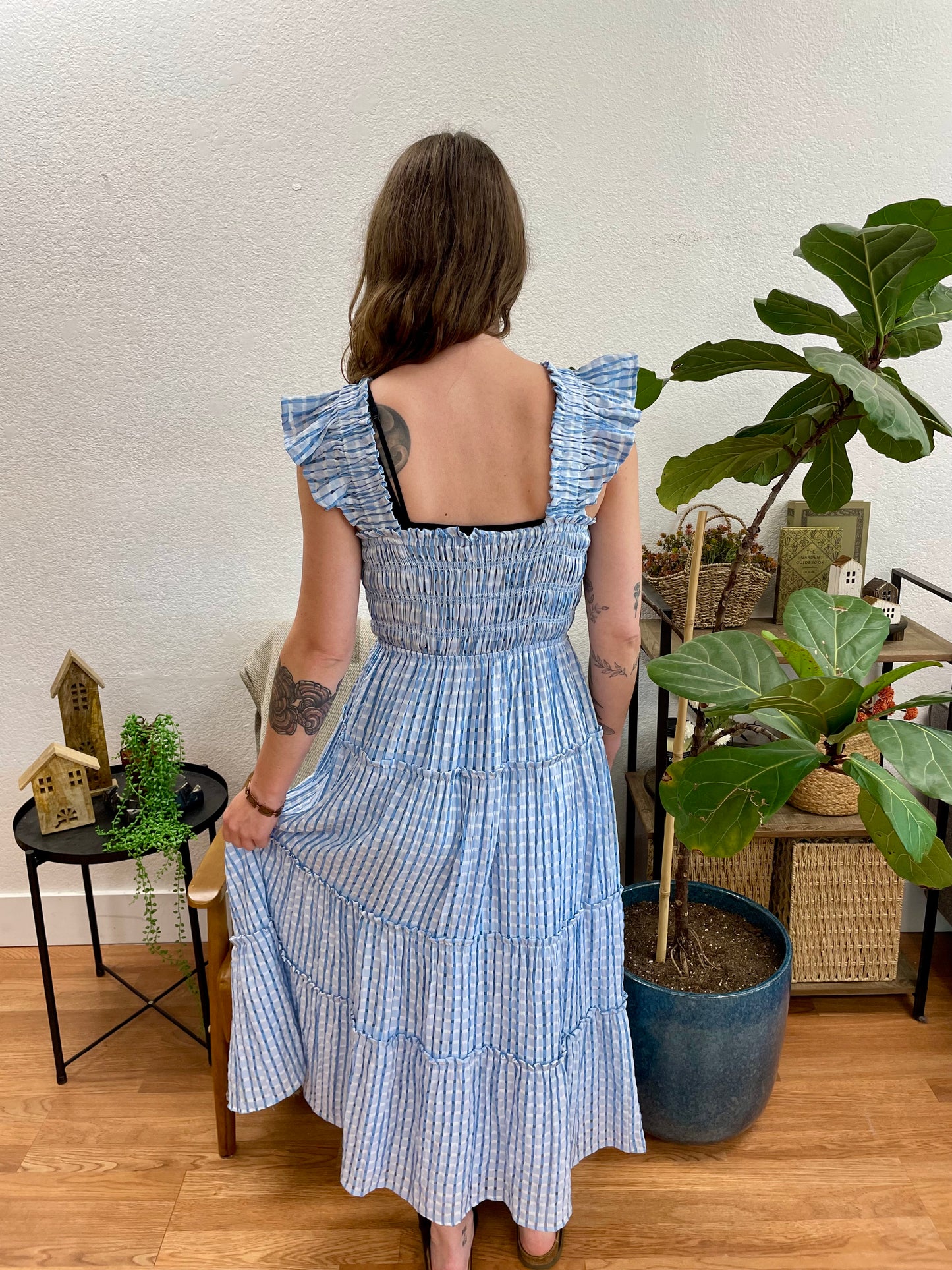 Blue Gingham Smocked Tiered Maxi Dress