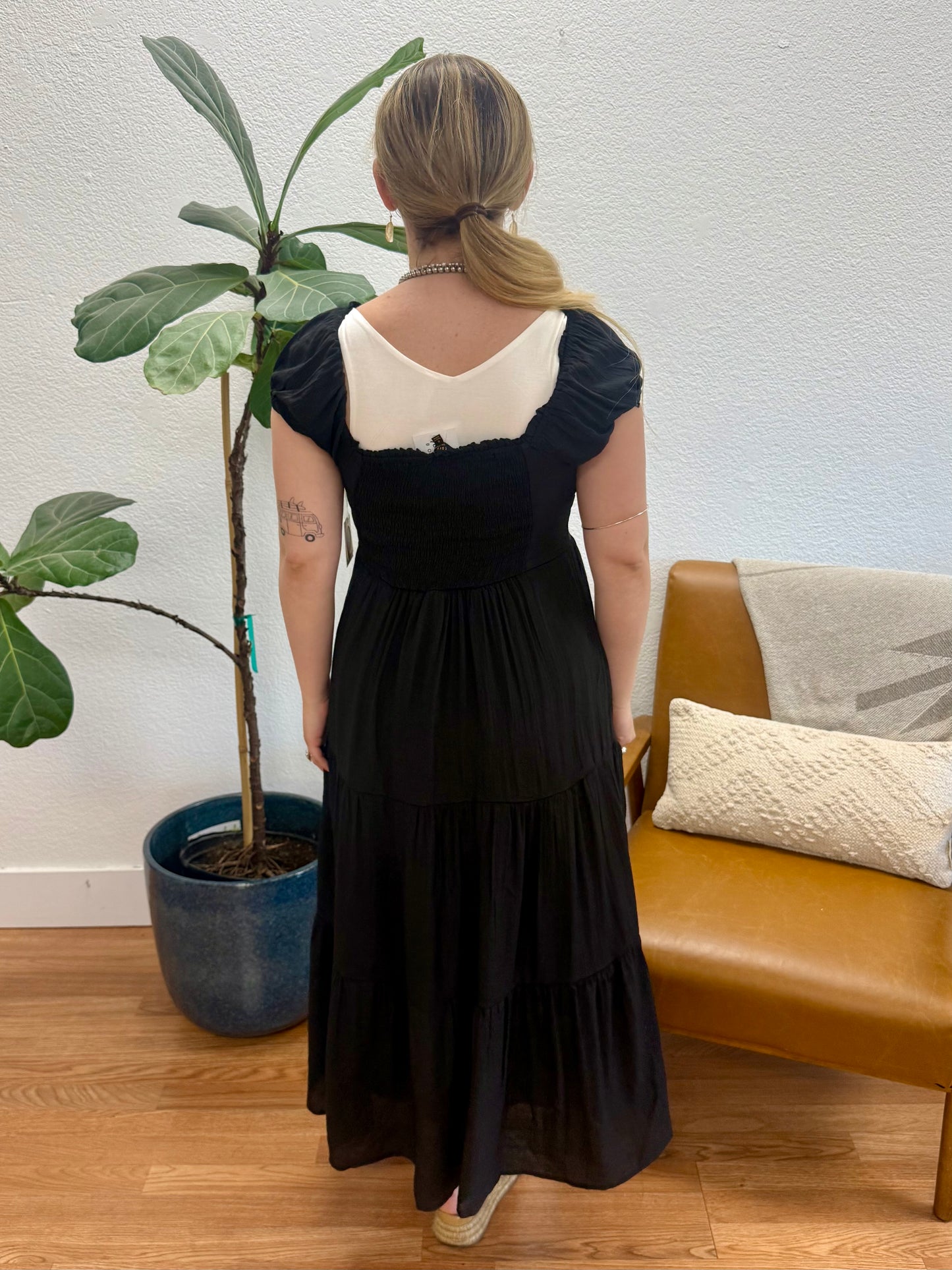 Black Tiered Puff Sleeve Dress