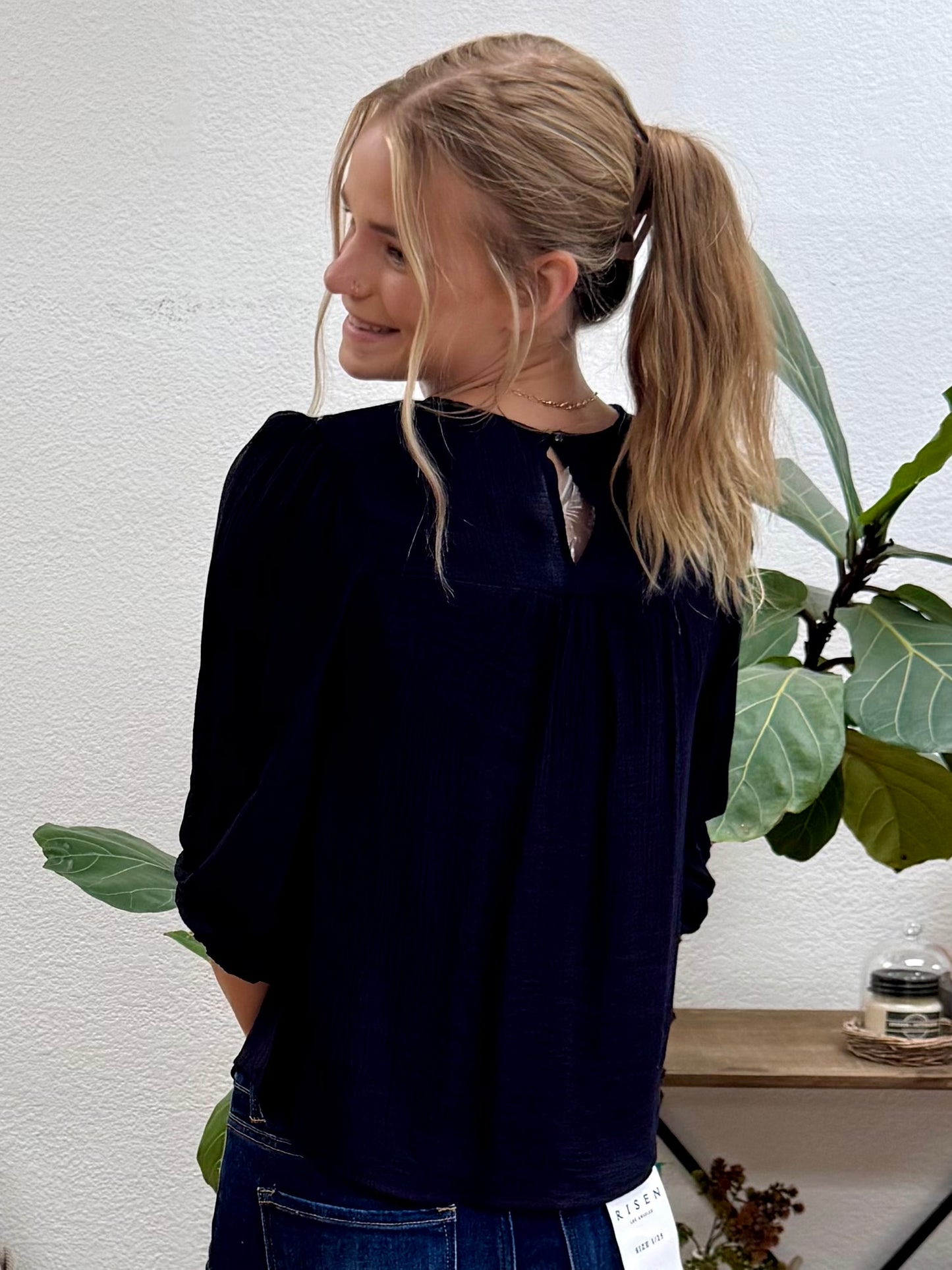 Navy Floral Embroidered Yoke Blouse