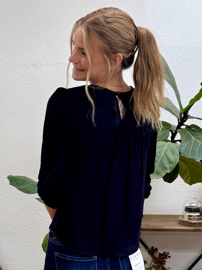 Navy Floral Embroidered Yoke Blouse