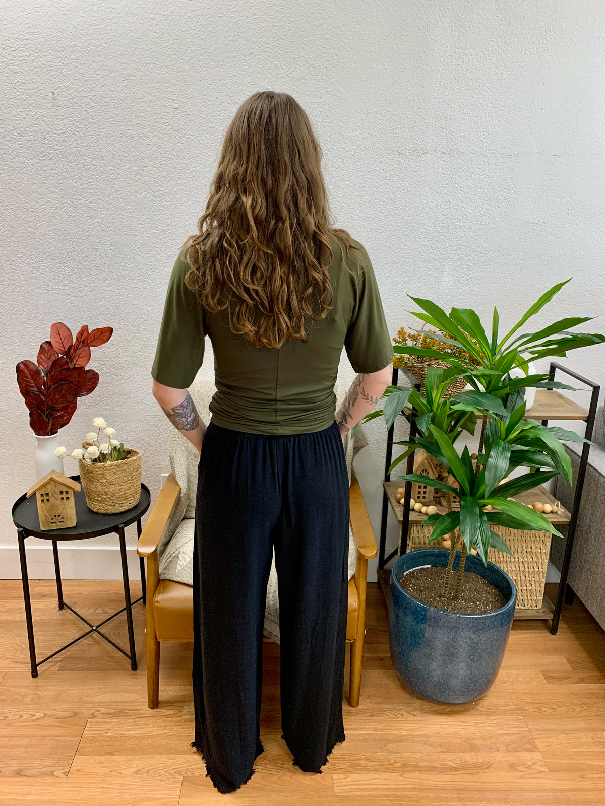 Black Frayed Linen Blend Pants