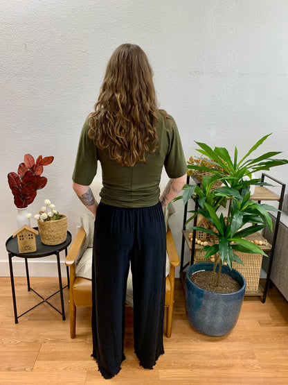 Black Frayed Linen Blend Pants