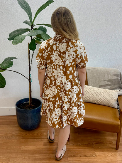 Mocha Floral V-Neck Dress