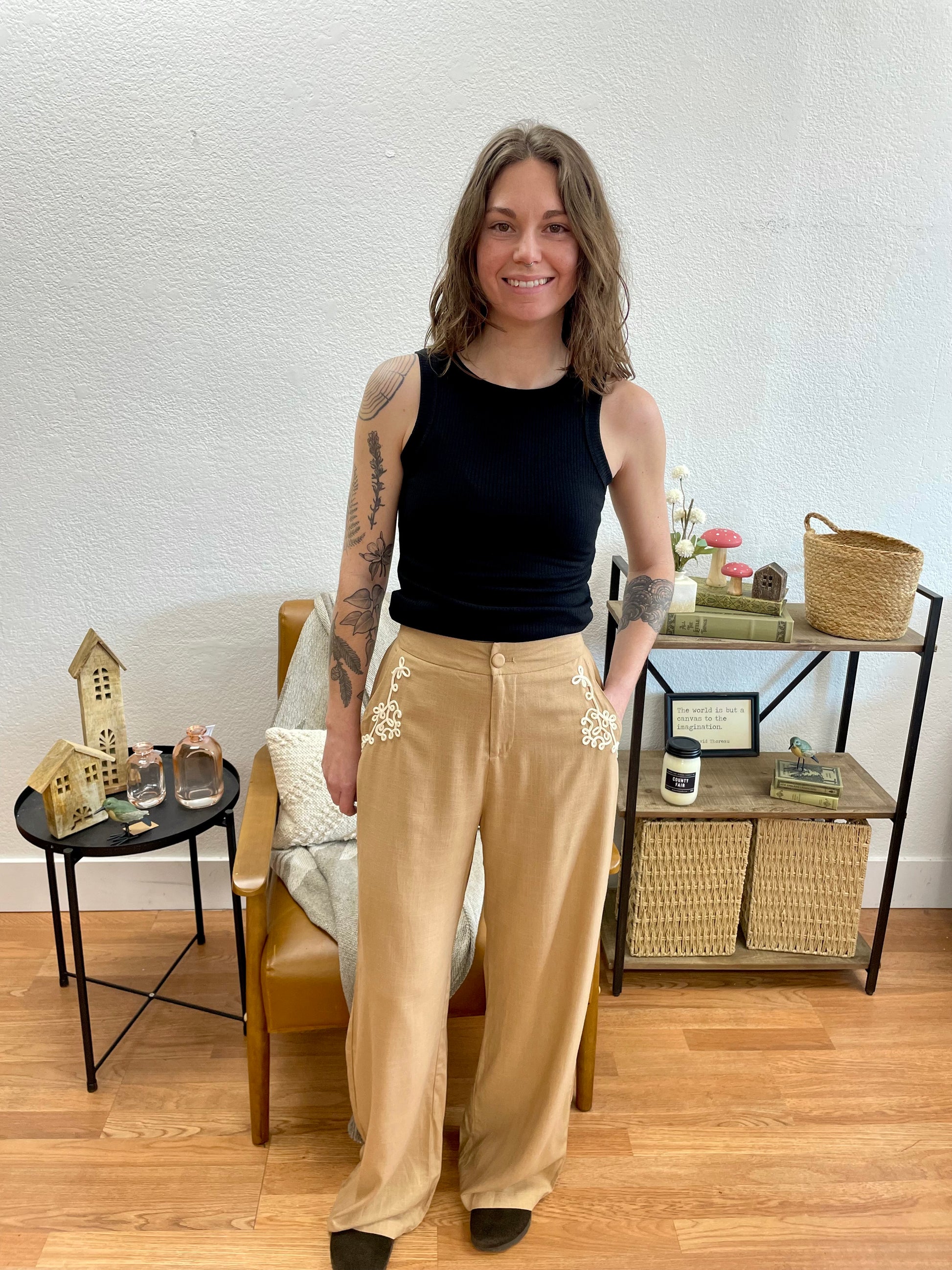 Tan Wide Leg Embroidered Pants - Terra Cottage