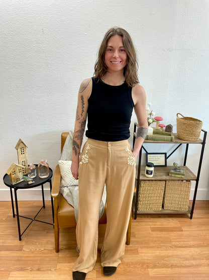 Tan Wide Leg Embroidered Pants - Terra Cottage