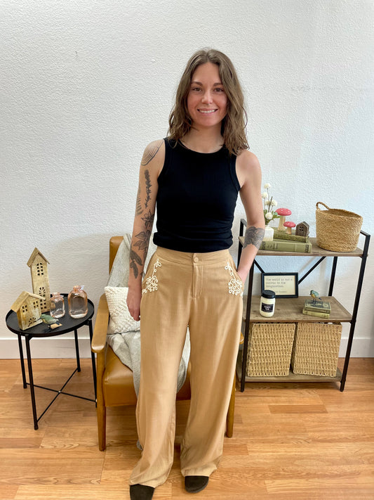 Tan Wide Leg Embroidered Pants - Terra Cottage