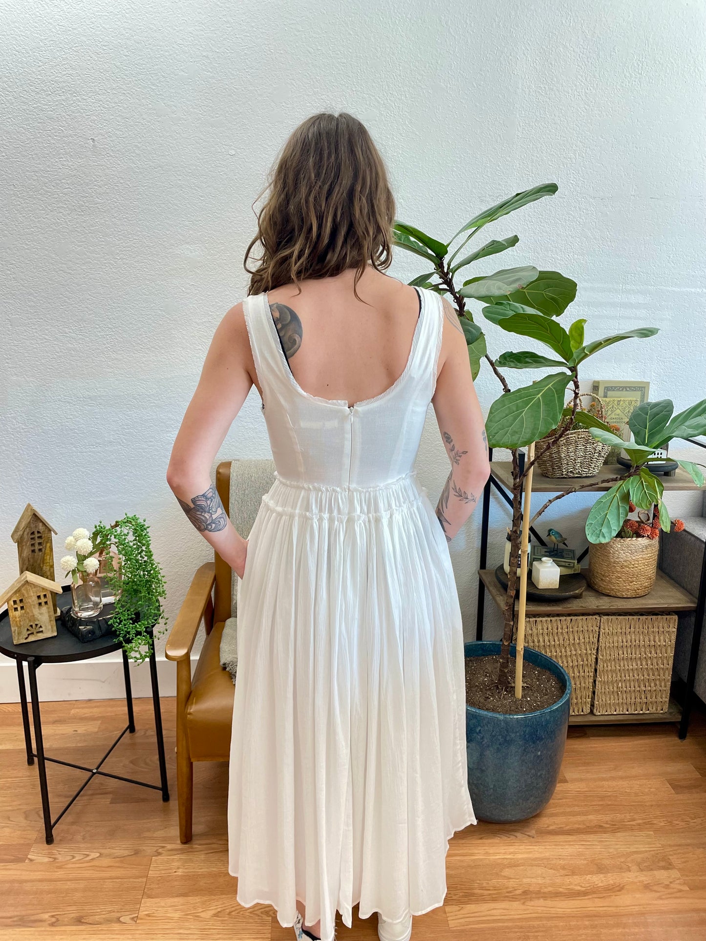 Basque Waist Off White Midi Dress