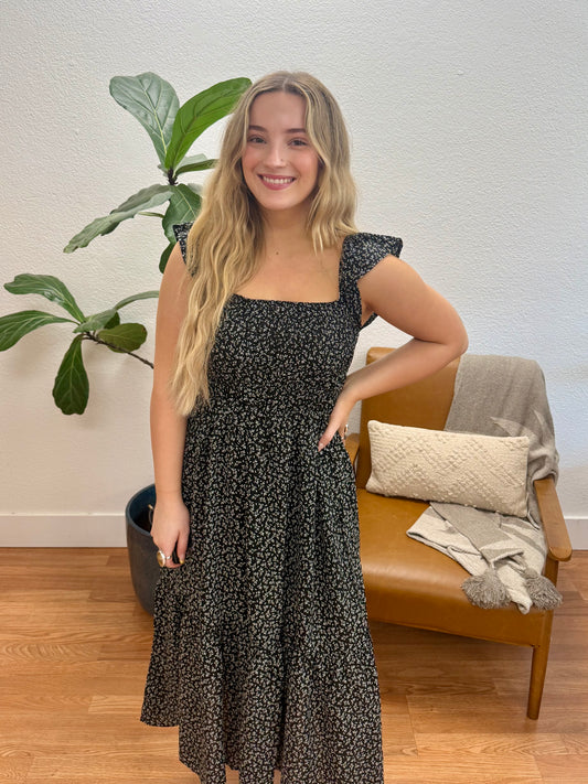 Black Ruffle Sleeve Smock Dress