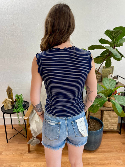 Navy Brushed Striped Ruffle Tank