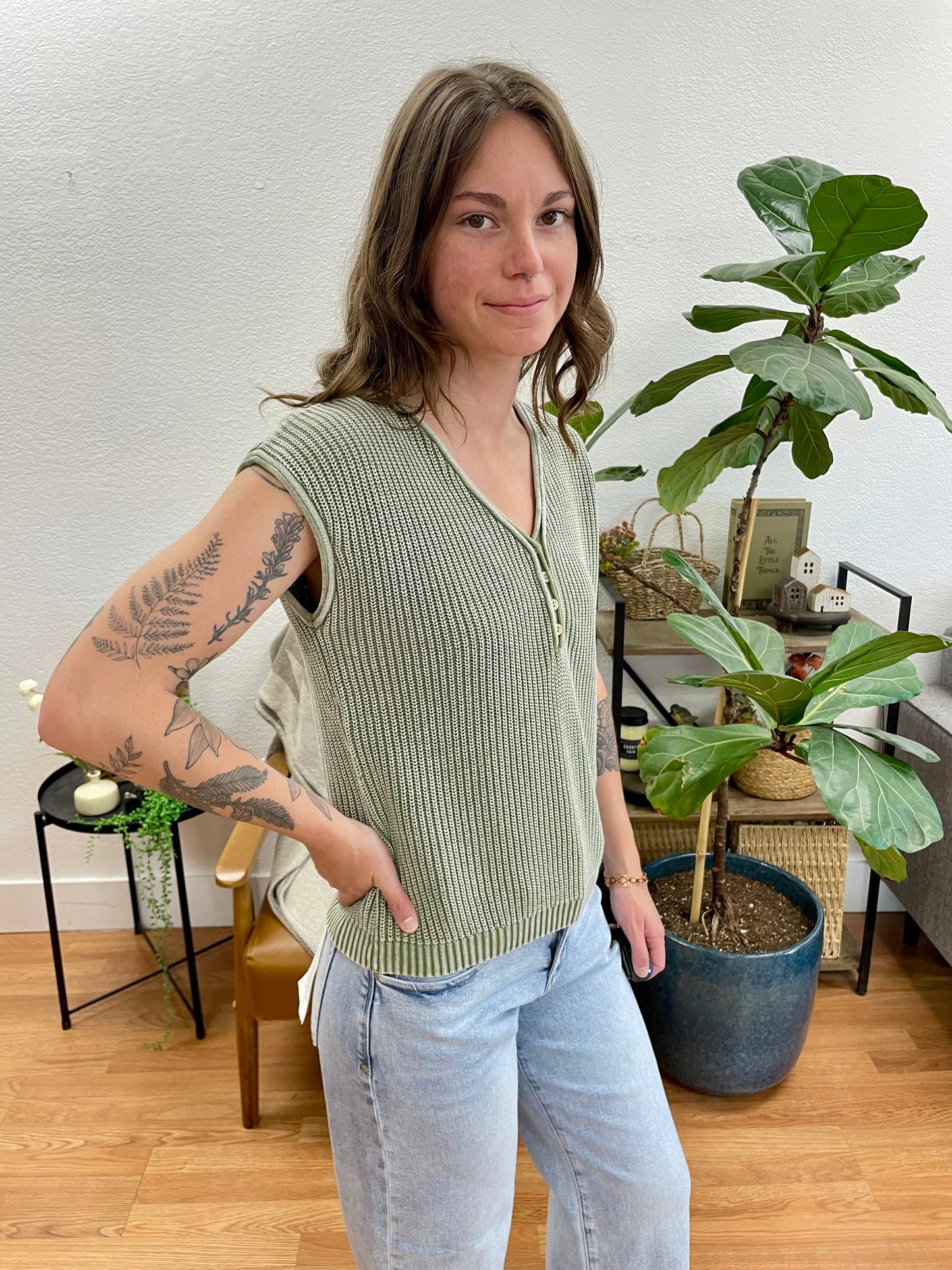 Olive Knit Henley Top
