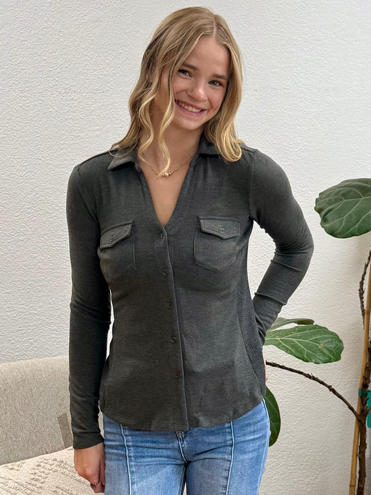Charcoal Mixed Media Fitted Knit Shirt