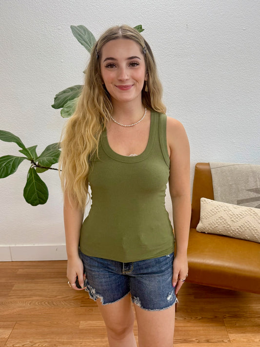 Light Olive Ribbed Scoop Tank