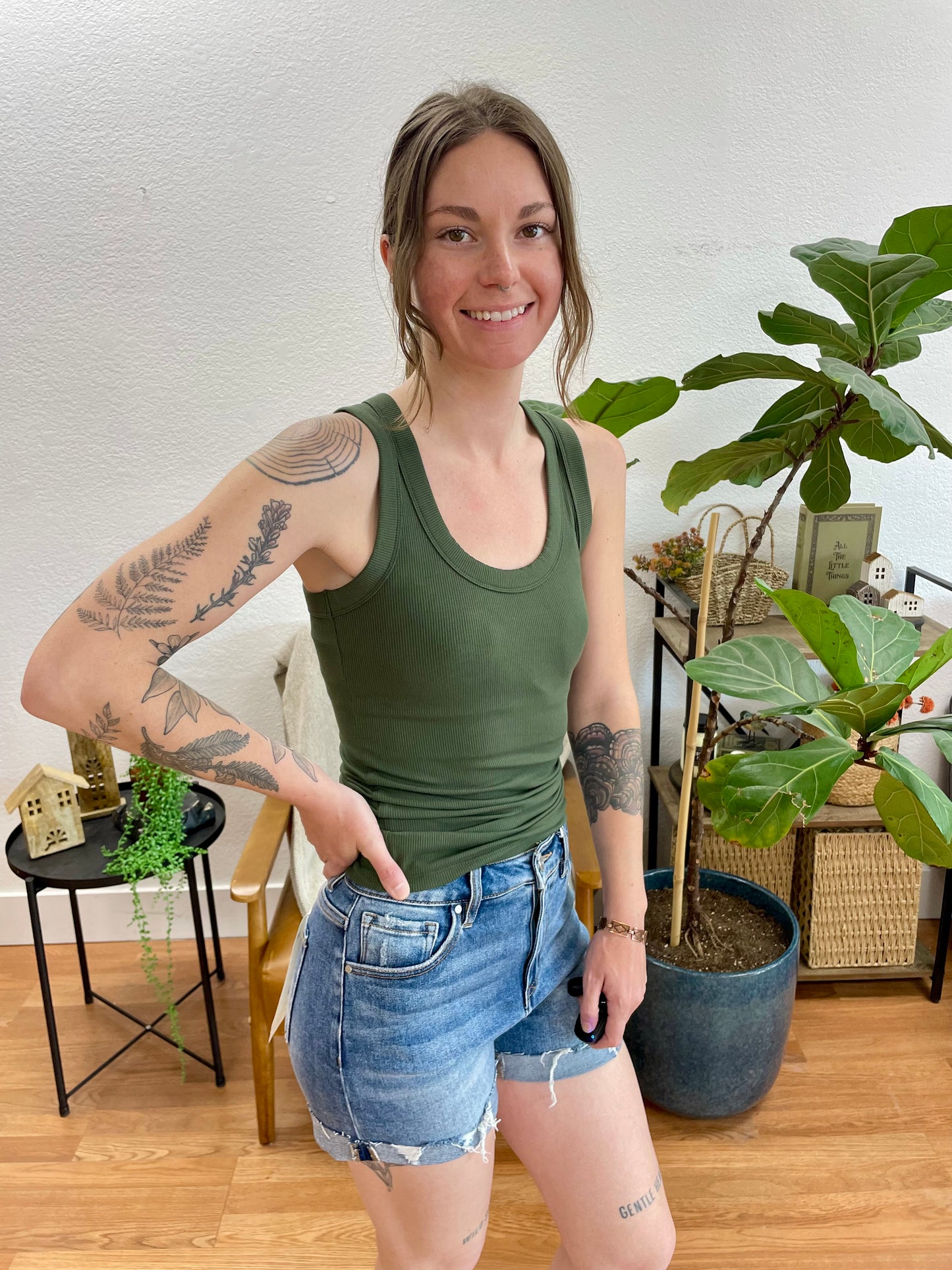 Army Green Ribbed Scoop Neck Tank