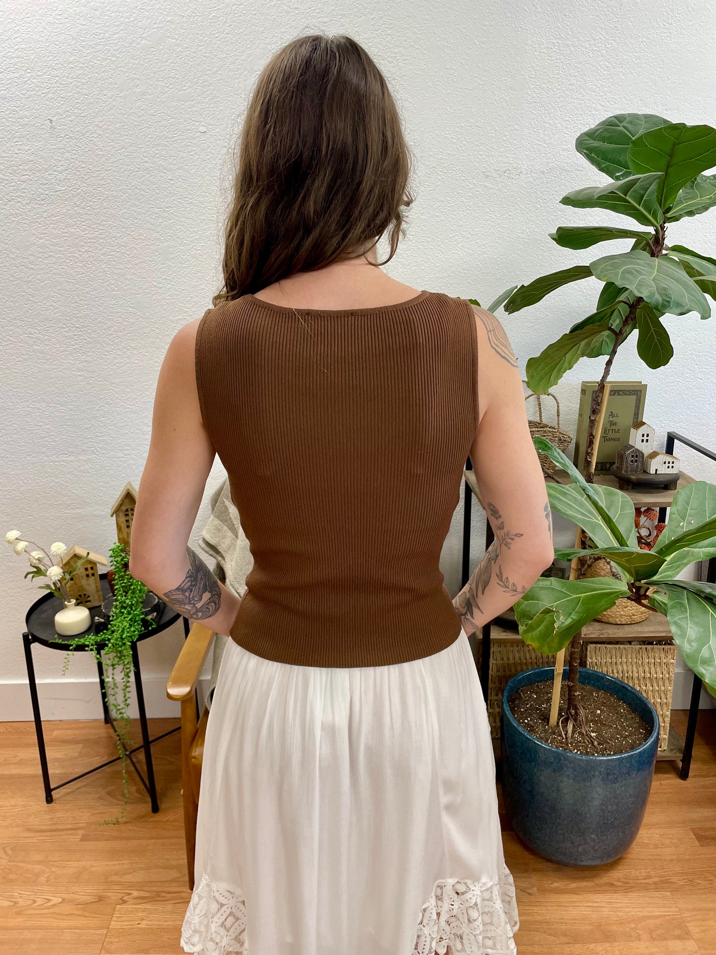 Brown Boatneck Sleeveless Knit Top