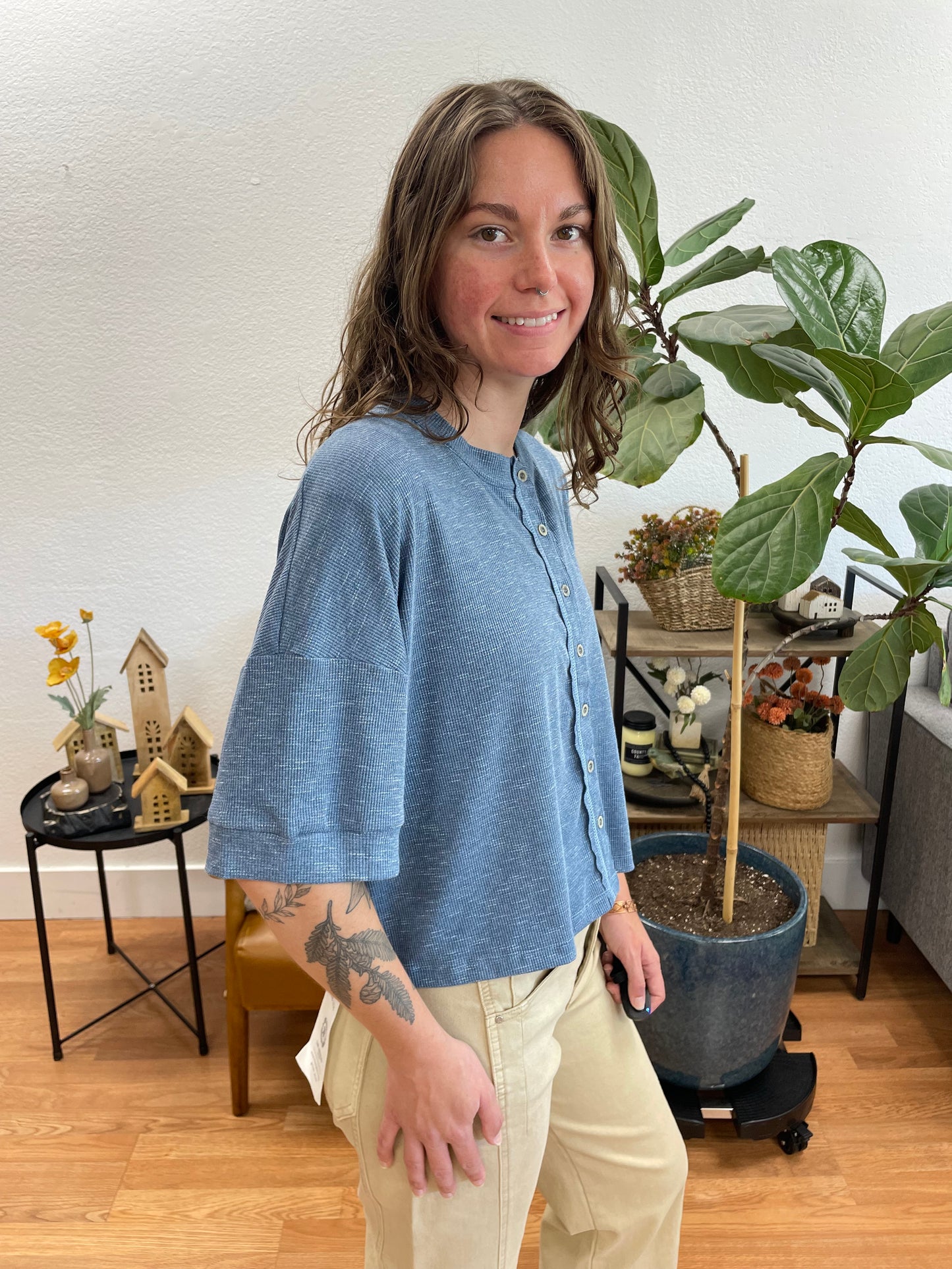 Slate Blue Round Neck Short Sleeve Sweater
